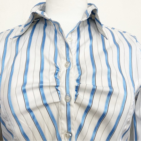 COTTON EXPRESS ruched chest button up slightly shiny stripe bell cuffs blouse L - Picture 2 of 7